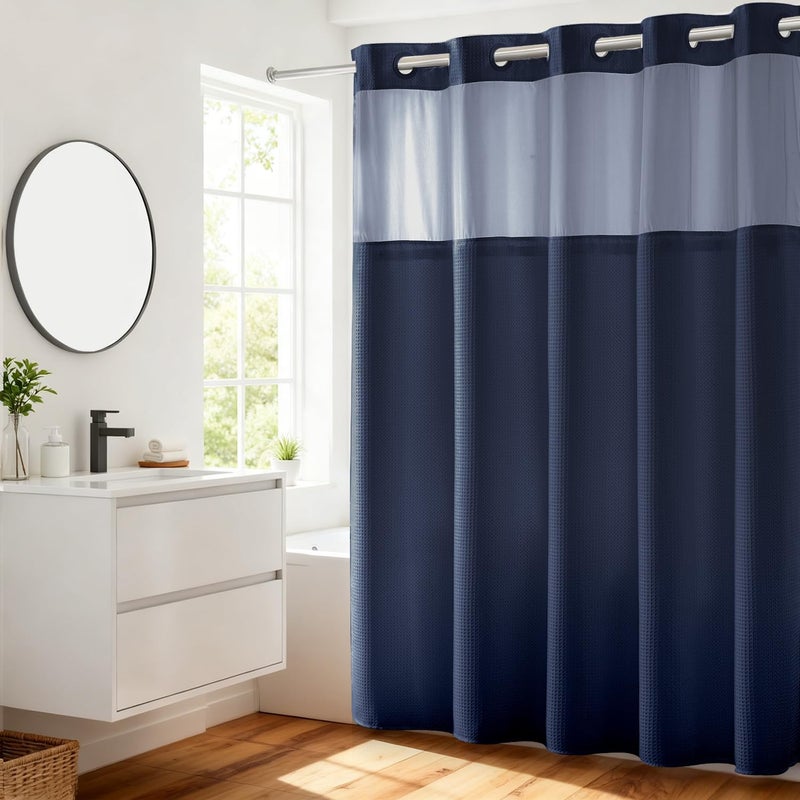 River Dream Heavyweight Navy Blue No Hooks Required Dotted Waffle Weave Shower Curtain with Snap in Liner - 71W x 74H,Hotel Grade,Spa Like Bath Curtain - Image 1